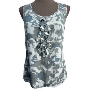 Halogen 100% Silk Ruffle Blouse Women XS Blue Abstract Sleeveless Lightweight